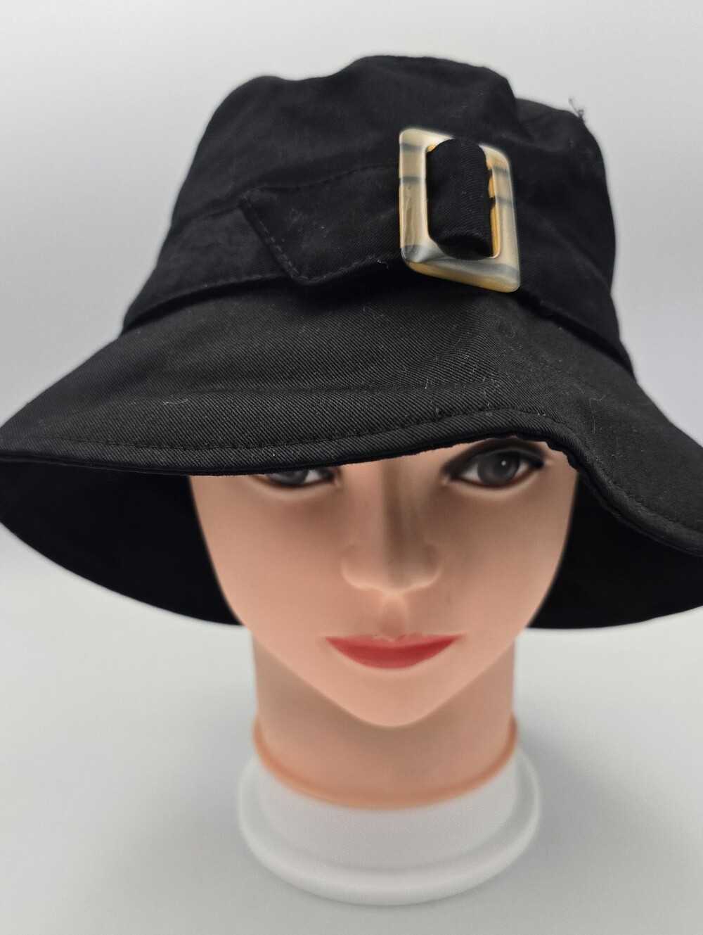Women's Black Wide Brim Cotton w/ Buckle Accent Cloche Bucket Hat